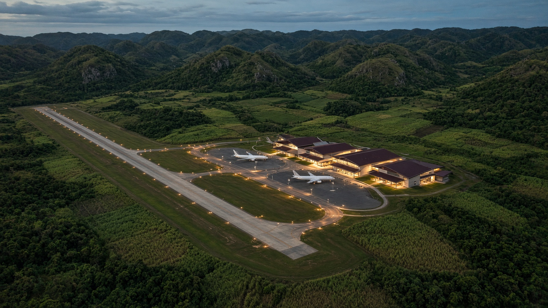 Aerial study of a hurricane-hardened inland airport among Jamaica’s green hills