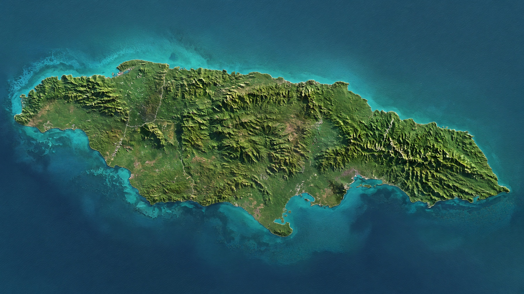 Aerial photograph of Jamaica showing the interior highlands and both coasts