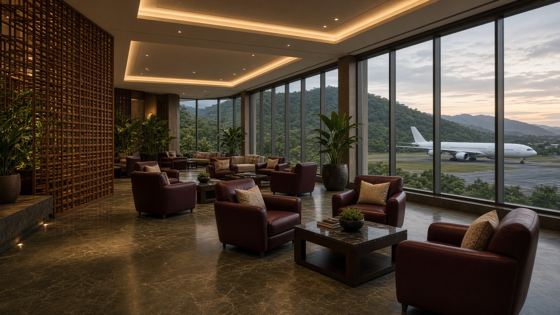 Lounge study: maroon leather, olive stone, storm-rated windows onto inland hills and a runway