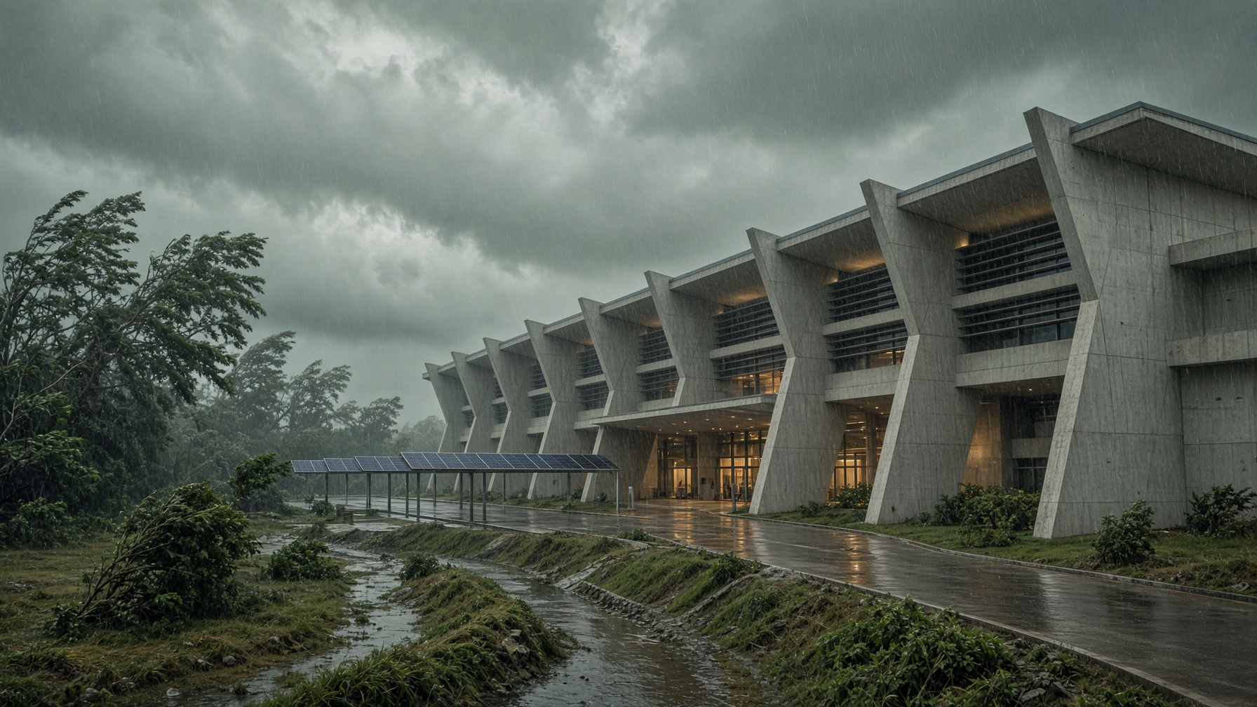 Category-5 hardened terminal study: recessed glazing, concrete fins, bermed earth in a tropical storm
