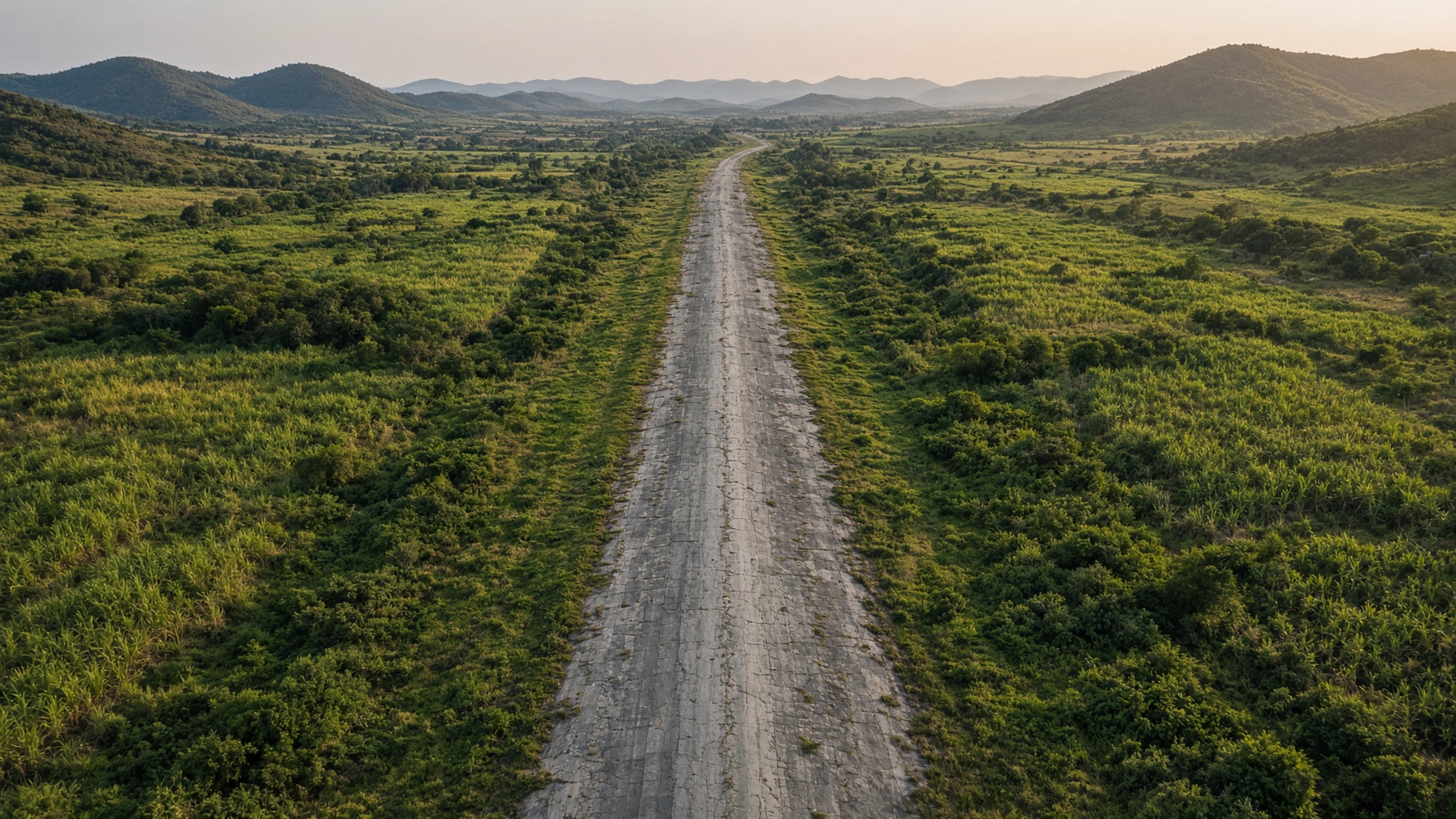 Aerial of the existing inland concrete bomber strip among Clarendon cane fields