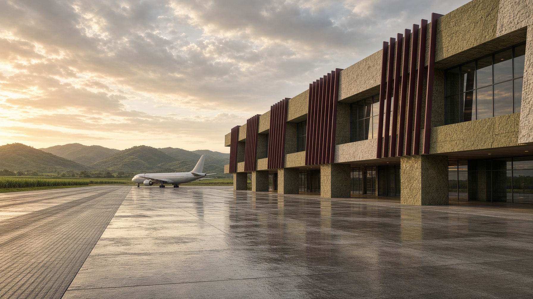 Architectural study of a low-rise hurricane-hardened terminal and apron at Vernamfield